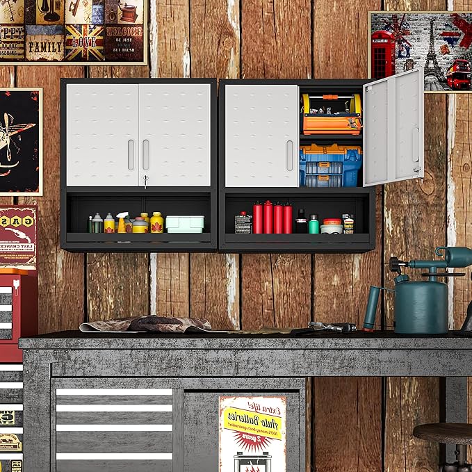 BIZOEIRON Metal Wall Cabinets with Doors and Shelves Black and Gray Garage Cabinets Wall Mounted Adjustable Storage Shelving Floating Garage Tool Cabinet,Wall Cabinet for Warehouse/Basement/Kitchen