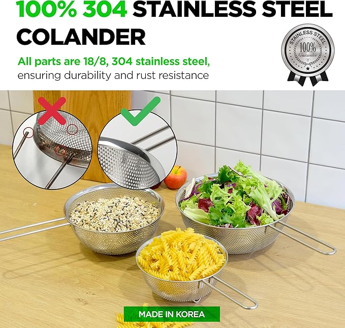 COMPORT K Premium 18/8 304 Stainless Steel Strainer Set of 3 with Long Handle, Micro-Perforated Colanders 1.5-2.5-4 Quart Set, Self-Draining Solid Base for Pasta, Fruits, Vegetables, Made in Korea