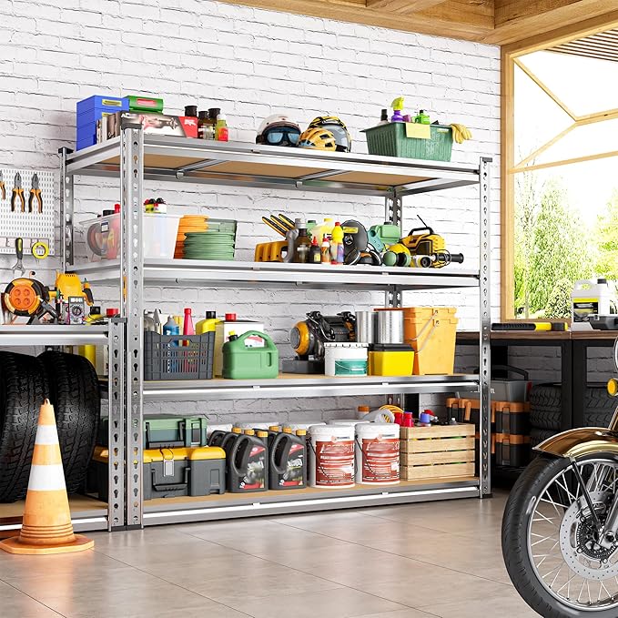 Galvanized Garage Shelving Load 2100LBS, 4-Tier Storage Shelves, Adjustable Garage Storage Shelves, Industrial Shelving, Metal Shelf for Basement, Warehouse, Kitchen, 48" W x 60" H x 17.9" D