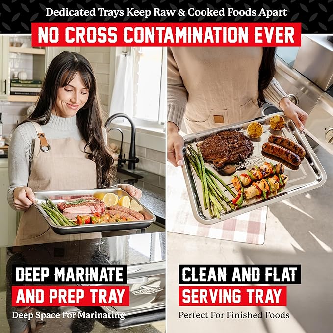 BLAZIN' GRILL Prep and Serving Trays | Set of 2 Stackable Stainless Steel Trays | Trays for Marinating, Serving & Chopping | Serving Platter for Plating Food & BBQ Prep Tub | Grilling Accessories