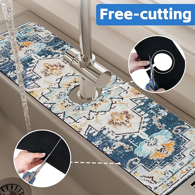 Oriental Blue Turkish Carpet Pattern Sink Faucet Absorbing Mat Sink Splash Guard Faucet Mat Draining Mat Fast Drying Sink Protectors for Kitchen and Bathroom 5.5"×24"