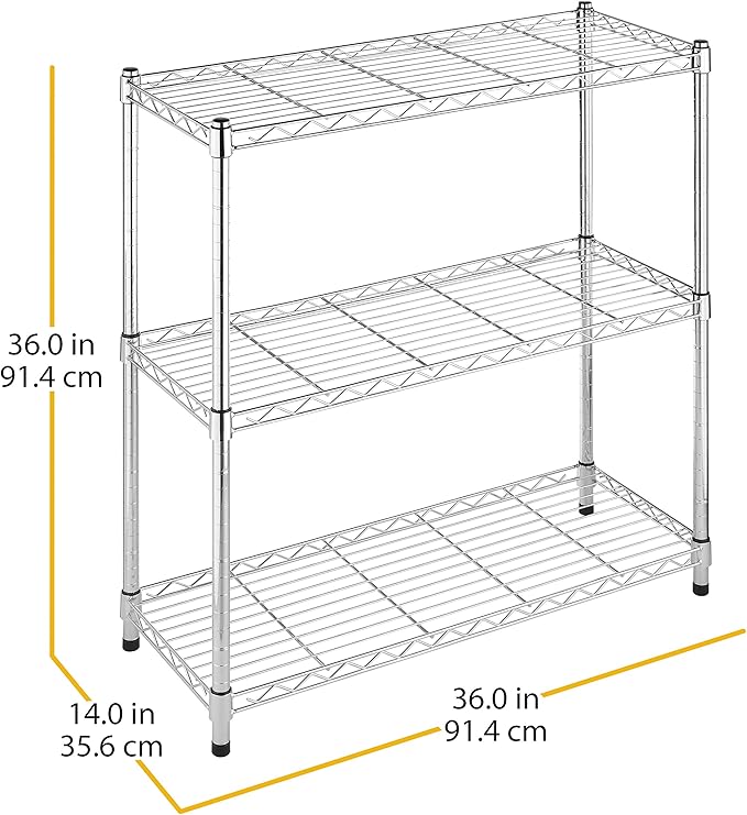 Whitmor 3 Tier Shelving Unit, Metal Storage Shelves, 400 lbs Capacity per Shelf, 1200 lbs Total, Easy Assembly Home Organizer for Pantry, Kitchen, Garage, Plant, 36"L x 14"W x 36"H, Chrome