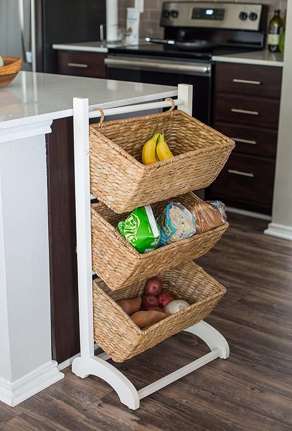 BIRDROCK HOME 3 Tier Abaca Storage Cubby (Natural) - 3 Baskets Made of Durable Seagrass Fiber - Solid Wood Frame - Child Pet Dog Toy Food Storage Organizer Shelf - Kitchen Vertical Rack Unit Stand