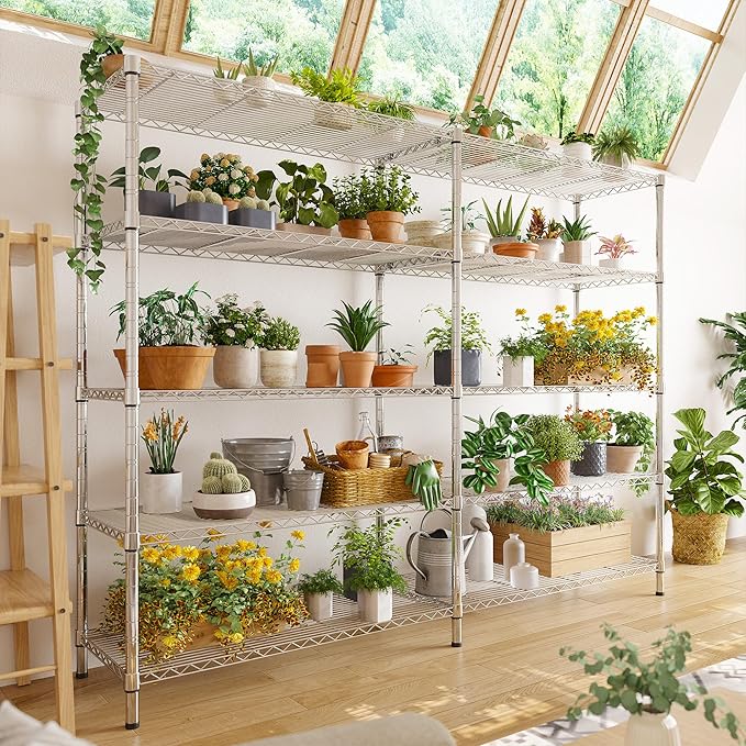 REIBII 58" W Storage Shelves Wire Shelving 1400LB Metal Shelves for 5 Tier Shelving Unit with Shelf Adjustable Garage Shelving Rack for Pantry Kitchen Garage, 58" W x 59" H x 13.8" D, Chrome