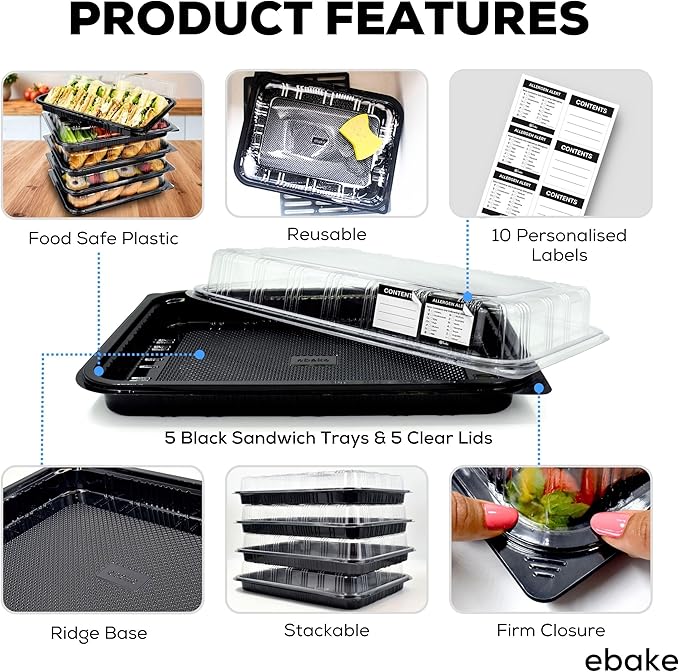 5 Pack Catering Trays with Lids – 15" Serving Tray with Lid, Heavy Duty Recyclable Plastic Party Platters for Catering, Buffet, Picnics & Events – Food Trays with Clear Lid (15.35 × 11.42 × 2.95 inch)