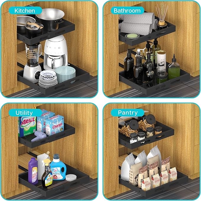 Expandable Pull Out Cabinet Organizer - 17" Deep, Adhesive No Drill, Expandable Drawer For Kitchen, Pantry, Bathroom