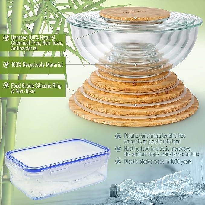 dokaworld Stackable Space-Saving Set of 5 Nesting Glass Bowls with Bamboo Lids for Foodprep, Storage, Baking, Mixing & Cooking, Microwave & Oven Safe BPA Free Heat Resistant Inert Borosilicate Glass