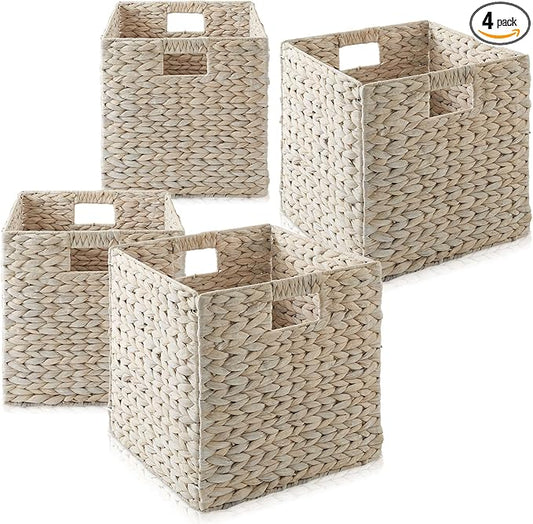 Casafield 12" x 12" Hyacinth Storage Baskets, Whitewash - Set of 4 Storage Organizers, Woven Wicker Cubes for Bathroom, Bedroom, Laundry, Shelves
