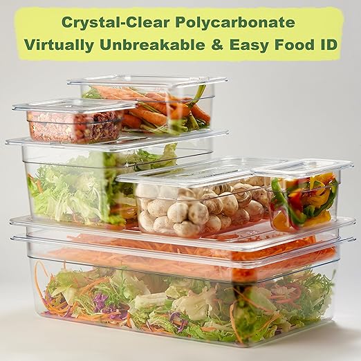 CURTA 6-Pack 1/4 Size 4" Deep NSF Polycarbonate Food Pans with Handled Lids & Drain Trays | Dishwasher & Freezer Safe Clear Container for Prep Tables, Buffet, Salad Bar, Commercial Kitchen