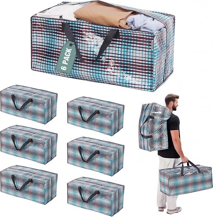 WORKPRO 6 Pack Extra Large Moving Bags with Zippers & Carrying Handles Backpack Straps, Heavy-Duty Storage Tote for Space Saving & Storage, Alternative to Moving Box (Lattice Printing)