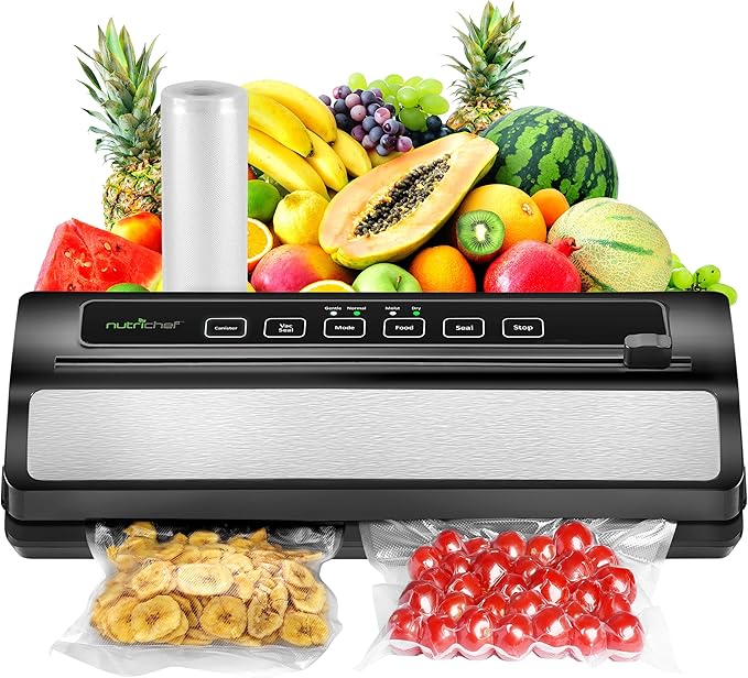 NutriChef Vacuum Sealer | Automatic Vacuum Air Sealing System For Food Preservation w/ Starter Kit | Compact Design | Lab Tested | Dry & Moist Food Modes | Led Indicator Lights (Black), EWE