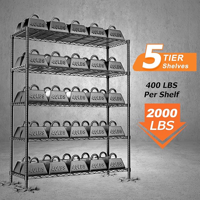 Storage Shelves Heavy Duty, 2 PCS 48" L x 20" W x 72" H Garage Wire Shelving Unit Loads 2000LBS, 5-Tier Adjustable Metal Industrial Utility Shelf Rack for Kitchen, Laundry Room, Warehouse, Basement
