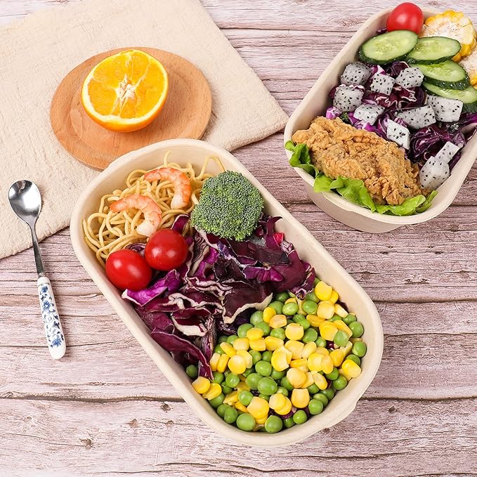 JAYEEY 34 oz Disposable salad bowls with lids, Sugarcane Fiber Paper Bowls take away food containers meal prep food storage deli container 50 Pack