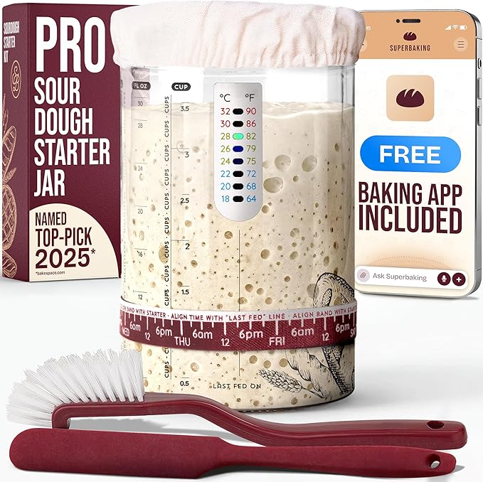 Superbaking Sourdough Starter Jar, Beginner Sourdough Starter Kit, 34oz Wide Mouth Sour Dough Glass Jar with Guides & Recipes, Sourdough Bread Baking Supplies, Sourdough Container Crock