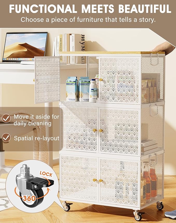 3 Tier Metal Storage Cabinet with wheels, Storage Bins with Magnetic Doors, Storage Cart for Living Room, Bedroom, Bathroom, Laundry, Kitchen