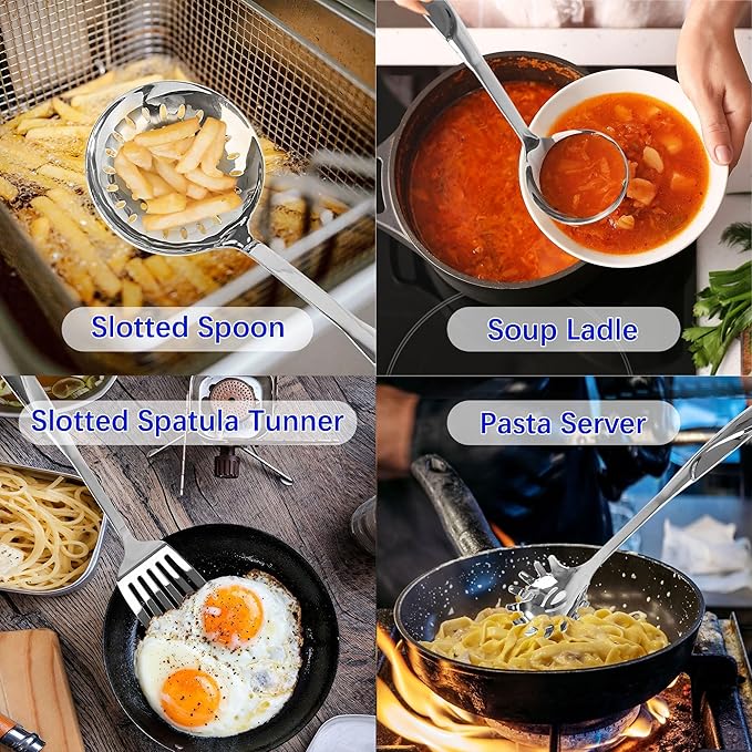 IMEEA 5-Piece Cooking Utensils Set SUS304 Stainless Steel Kitchen Utensils Set Includes Slotted Spatula, Soup Ladle, Solid Turner, Pasta Server & Skimmer