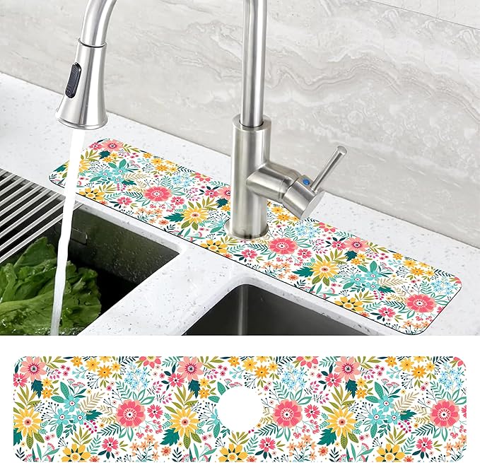 Colorful Floral Leaves Berries Kitchen Sink Splash Guard Mat Absorbent Fast Drying Faucet Draining Mat Behind Faucet Drip Catcher for Kitchen Bathroom 5.5"24
