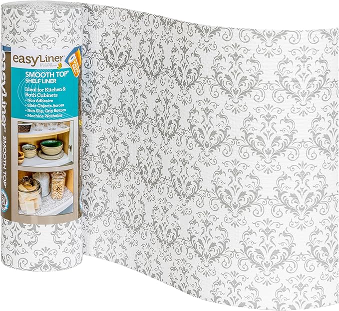 Smooth Top EasyLiner for Cabinets & Drawers - Easy to Install & Cut to Fit - Shelf Paper & Drawer Liner Non Adhesive - Non Slip Shelf Liner for Kitchen & Pantry - 12in. x 24ft. - Gray Damask