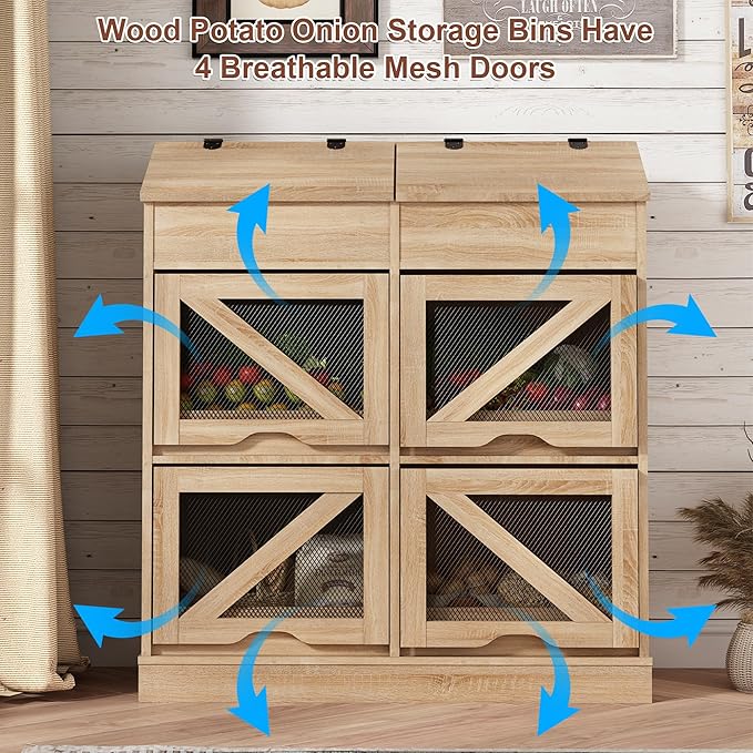 Potato Storage Bin Bread Box W/Lid,Rustic Onion&Fruit Organizer with Wood Hidden Door,Farmhouse Grocery Section Decorative,Vegetable Organization Cabinet W/Mesh Door for Kitchen Dining Room(Natural)