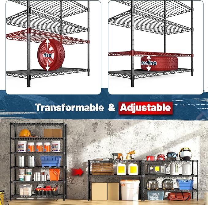 Storage Shelves Metal Shelving Unit 6Tier Wire Shelving Rack 1200LBS Heavy Duty, Adjustable Pantry Shelves, Metal Shelf for Kitchen,Garage Shelving,Closet Shelves,75" Hx 36" Wx 18" D
