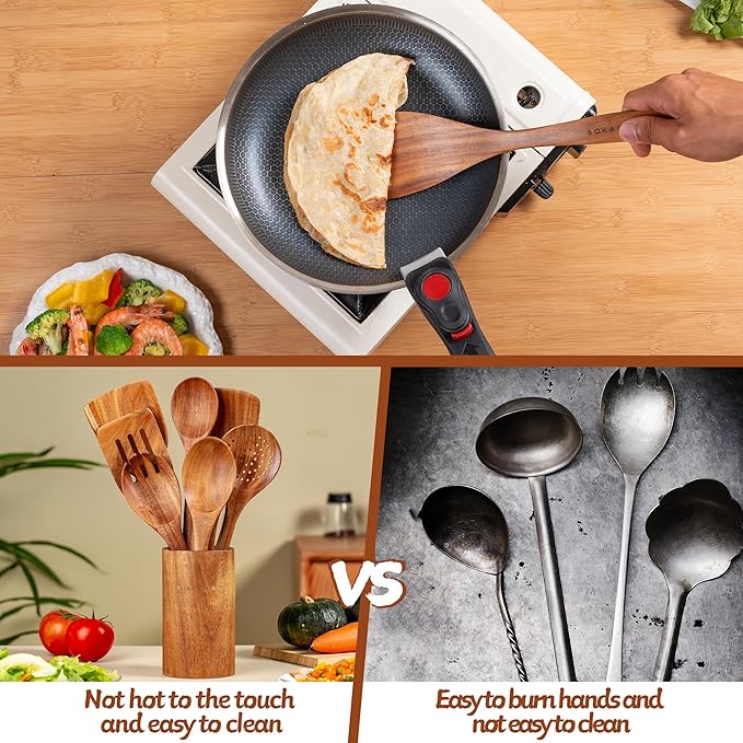 Wooden Spoons for Cooking, 9Pcs Natural Teak Wooden Utensils for Cooking Wooden Kitchen Utensils Set and Holde Cooking Utensils Set