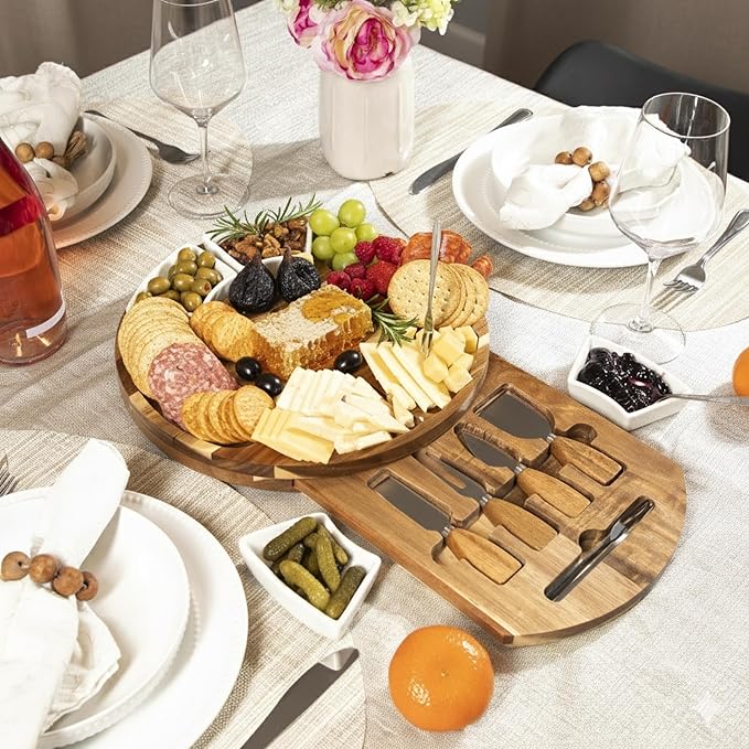 Acacia Cheese Board & Knife Set – Charcuterie Board with Ceramic Bowls, Slide-Out Drawer & Serving Utensils, Perfect for Entertaining – Ideal Gift for Weddings, Housewarming & Holidays