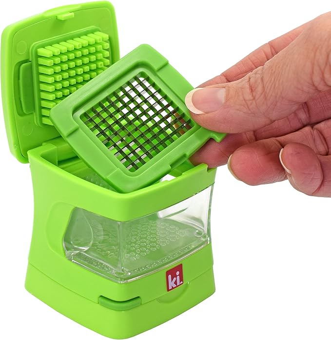 Kitchen Innovations Garlic-A-Peel Garlic Press, Crusher, Cutter, Mincer, and Storage Container - Includes Silicone Garlic Peeler - Easy to Clean - Stainless Steel Blades – (Green), standard