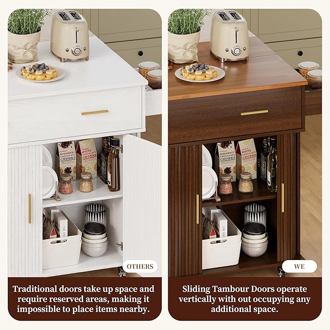 DHH Rolling Kitchen Island with Drop Leaf Countertop&Ample Storage - 39.4" Small Mobile Kitchen Cart On Wheels with Sliding Door,Drawers,Spice Rack & 2-Tier Storage (Walnut)