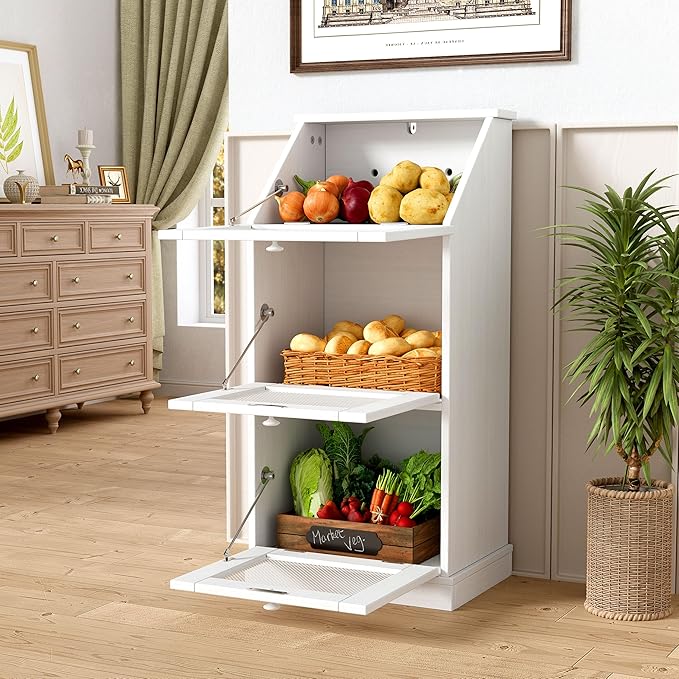 PAKASEPT Potato Storage Wood Bin, Wooden Bread Storage Bins, Decorative Potato and Onion Storage Bin with 3 Doors, Wooden Vegetable Storage Box with Lid (2)