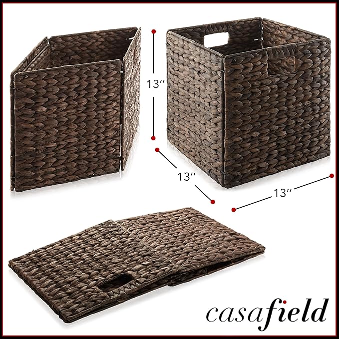 Casafield 13" x 13" Water Hyacinth Storage Baskets, Espresso - Set of 2 Collapsible Cube Organizers, Woven Bins for Bathroom, Bedroom, Laundry, Pantry, Shelves