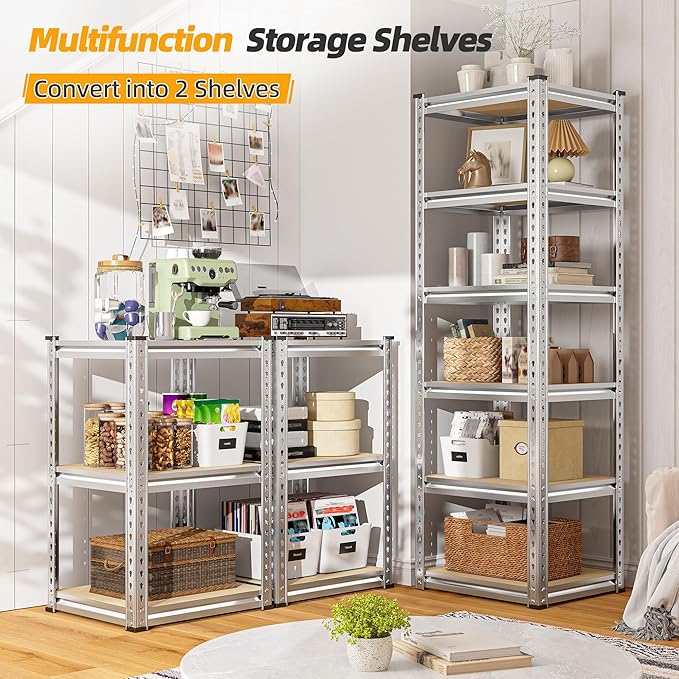 REIBII Storage Shelves 6 Tier Garage Shelving Heavy Duty Metal Shelving Loads 2250LBS Adjustable Garage Shelves for Pantry Closet Kitchen Basement 16" W x 16" D x 72" H, Silver
