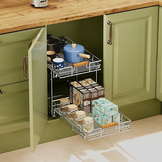 Mount Walker Pull Out Cabinet Organizer(11" W x 21" D), 2 Tier Wire Basket Slide Out Shelf Storage with Wood Handle, Pull Shelf Drawers for 12-1/4” Cabinet Opening, Chrome