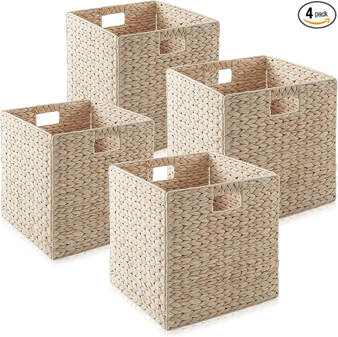 Casafield 13" x 13" Hyacinth Storage Baskets, Whitewash - Set of 4 Storage Organizers, Woven Wicker Cubes for Bathroom, Bedroom, Laundry, Shelves