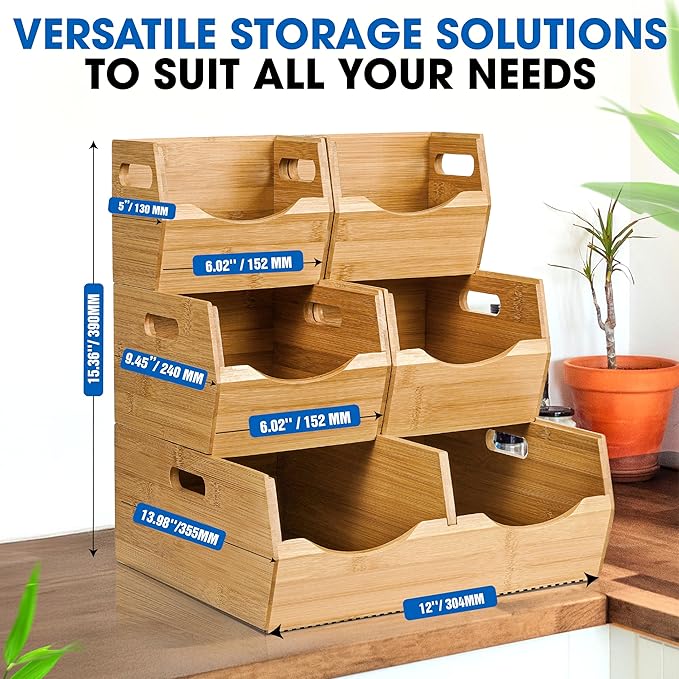 [Upgraded] 3-tier Stackable Bamboo Pantry Storage Bins, Potato and Onion Storage Baskets with Handles, Removable Divider, Pantry Organizer Holder for Kitchen, Office, Cabinet, Fruit Storage