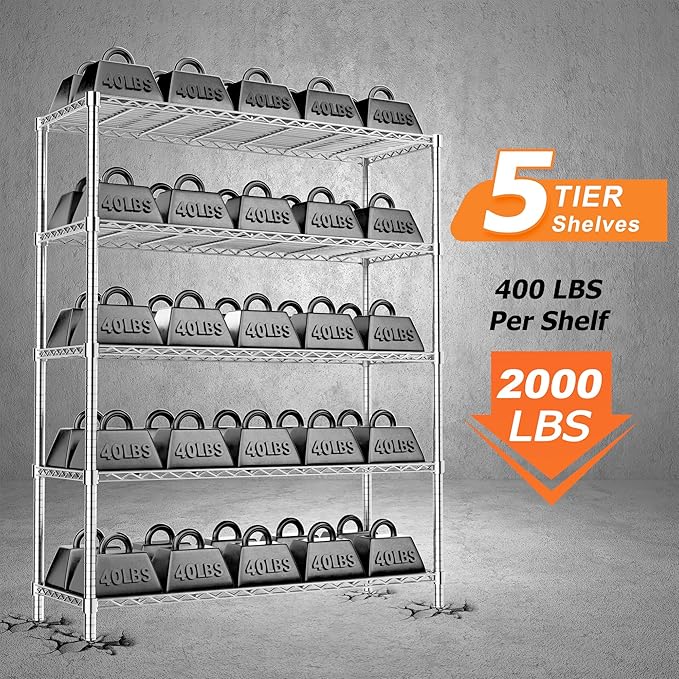 Storage Shelves Heavy Duty, 48" L x 20" W x 72" H Garage Wire Shelving Unit Loads 2000LBS, 5-Tier Adjustable Metal Industrial Utility Shelf Rack for Kitchen, Laundry Room, Pantry, Warehouse, Basement
