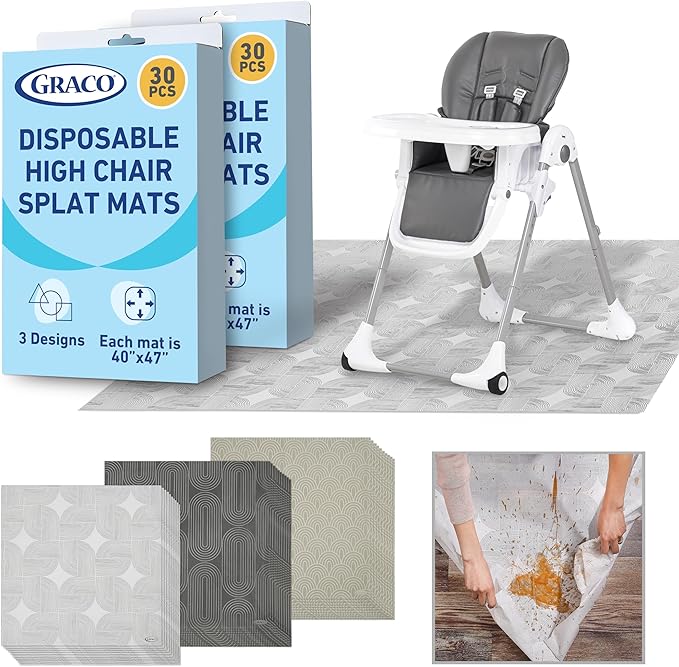 Graco Baby Disposable Splat Mats – 60 Count, 47" x 40", Biodegradable Floor Protector for Mealtime, Under High Chair, Home & Restaurant Use, Hudson Design