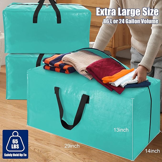 Cosy Family 4 Pack Heavy Duty Extra Large Moving Bags with Backpack Straps - Strong Handles & Zippers, Storage Totes For Space Saving, Fold Flat, Alternative to Moving Box, Aquamarine