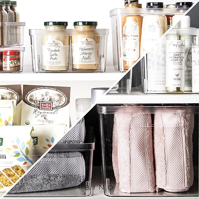 BINO | Plastic Storage Bins, Square - 12 Pack | THE LUCID COLLECTION | Multi-Use Organizer Bins | Built-In Handles | BPA-Free | Pantry Organization | Home Organization | Fridge Organizer | Freezer Org