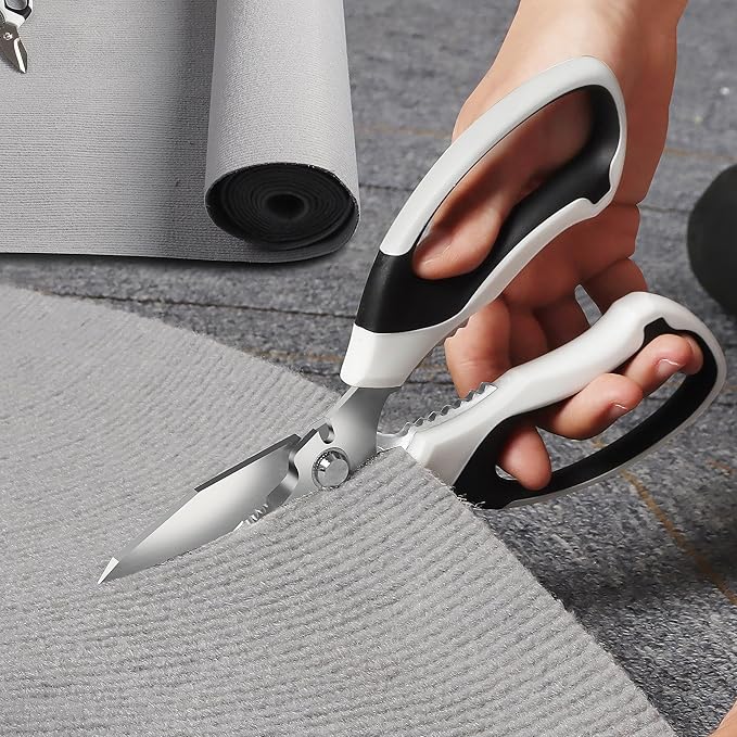 BoFuYuan 8-Inch Utility Scissors All Purpose Heavy Duty, Serrated Blade, White Comfort Grip for Cutting Carpet, Cardboard, Leather, Fabric, Multipurpose Sharp Shears for Kitchen, Garden, Office, Carft