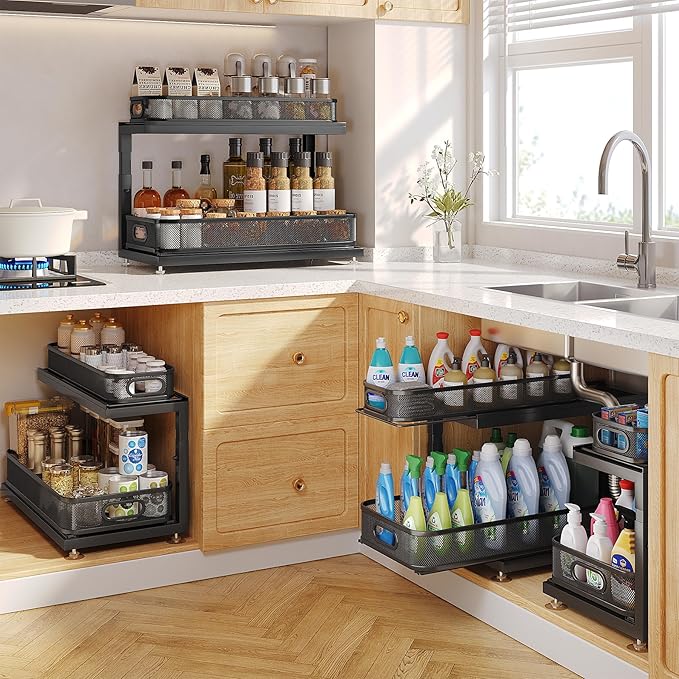 Biboraya 2-Pack 18.5 IN Depth Under Sink Organizer With Next-Gen Ball-Bearing Slides,Sophisticated Mesh 2-Tier Pull Out Shelf for Kitchen & Bathroom,Fits Small Items-Black