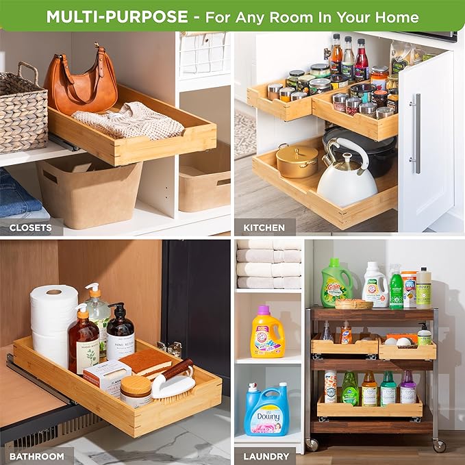 HOLDN’ STORAGE Bamboo Wooden Pull out Cabinet Organizer.14”W x 21”D - Requires At Least a 15.25:W x 21" D. Cabinet Opening. W/Lifetime Limited Warranty. Bamboo Tray and Heavy gauge metal rails.