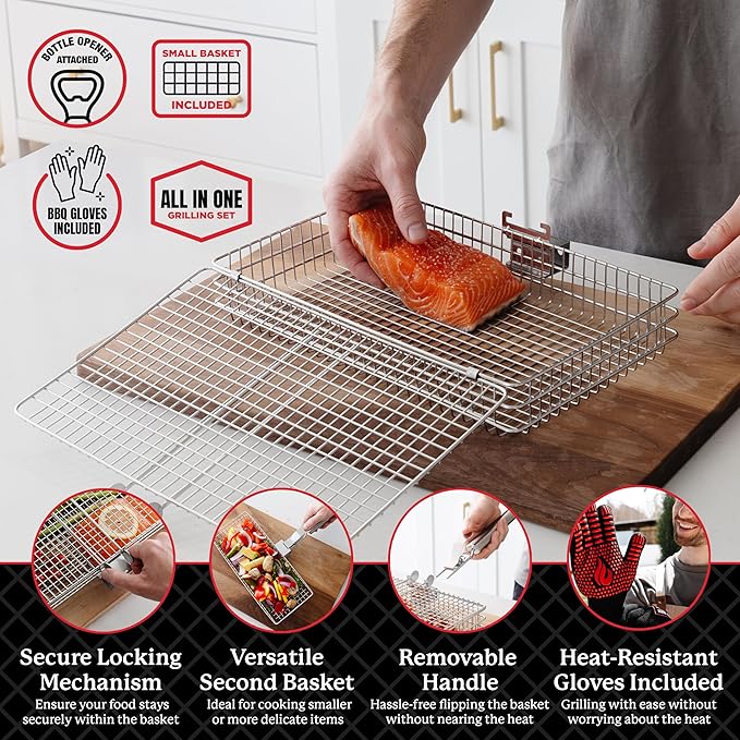 Blazin' Grill Grill Baskets for Outdoor Grill | 2 Grilling Baskets with Detachable Handle | Barbecue Grill Set with BBQ Gloves | Portable Camping Net Rack Perfect for Vegetables, Seafood & Meat