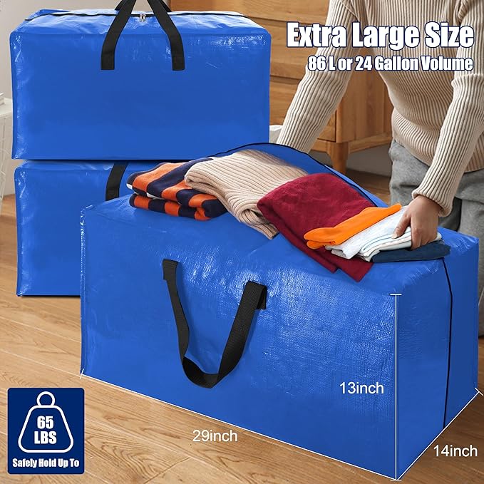 Cosy Family 4 Pack Heavy Duty Extra Large Moving Bags with Backpack Straps - Strong Handles & Zippers, Storage Totes For Space Saving, Fold Flat, Alternative to Moving Box (Set of 4, Multicolored)