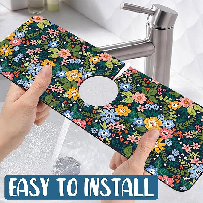 Colorful Flower Sink Splash Guard Faucet Mat Flowers Leaves Super Absorbent Fast Drying Mat Sink Gadgets-Splash Guard Behind Faucet Drip Catcher for Kitchen Bathroom, 15.5"x5.5"