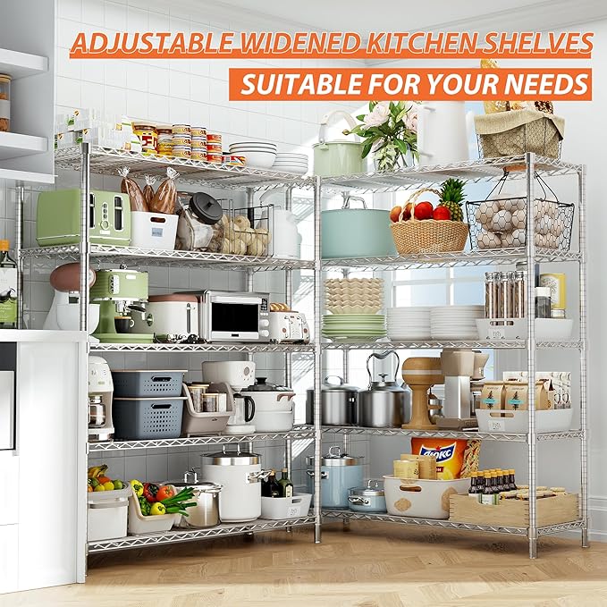 Storage Shelves Heavy Duty, 48" L x 20" W x 72" H Garage Wire Shelving Unit Loads 2000LBS, 5-Tier Adjustable Metal Industrial Utility Shelf Rack for Kitchen, Laundry Room, Pantry, Warehouse, Basement