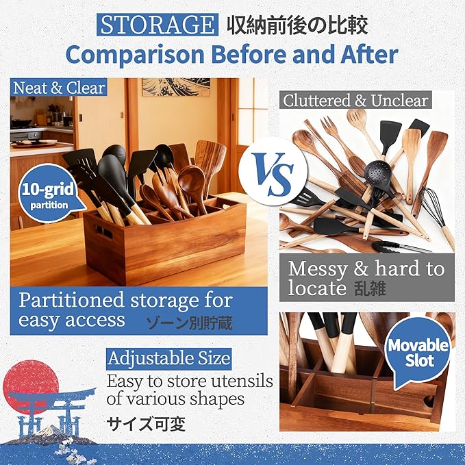 XYJ Wooden Utensil Holder, Utensil Container with Cookware Tools, Including Spatulas, Ladles, Whisks, Food Tongs & Pastry Brush, Acacia Wood Kitchen Organizer Tool for Kitchen Counter
