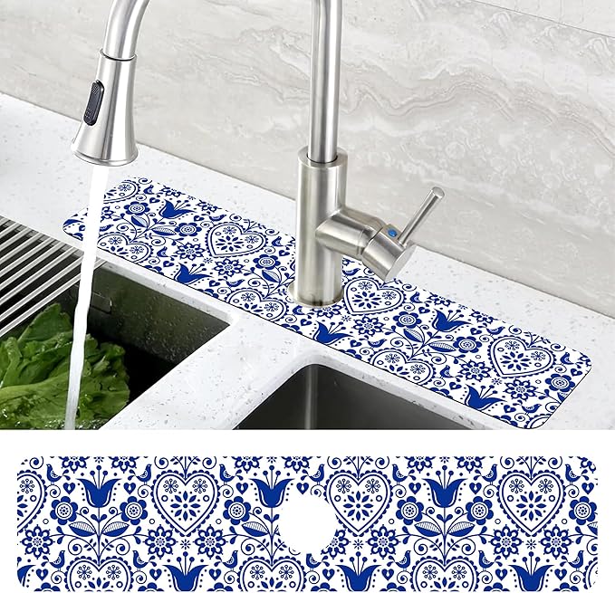 Vintage Bird Heart Floral Dish Drying Mat for Kitchen Sink Navy Blue Sink Splash Guard Faucet Mat Draining Mat Fast Drying Sink Protectors for Kitchen and Bathroom 5.5"×24"