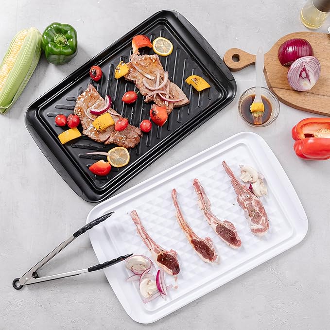 ZAROCRUS Grilling Prep and Serve Trays, BBQ Tray for Raw and Cooked Food, Melamine Marinating Serving Platter and Grill Tray for Outdoor, Parties and BBQ, Food Trays, Set of 2, Black and White