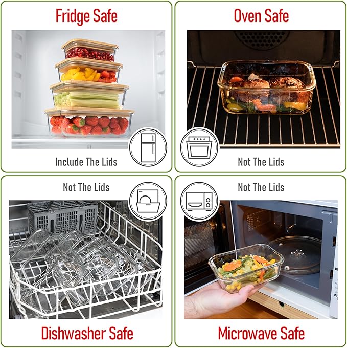 dokaworld Set of 4 Stackable Space-Saving Nesting Glass Containers with Airtight Bamboo Lids - Lunch, Meal & Food Prep - Microwave & Oven Safe BPA Free Durable Heat Resistant Inert Borosilicate Glass