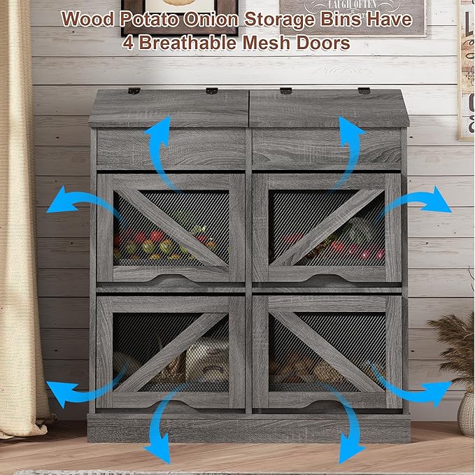 Potato Storage Bin Bread Box with Lid,Rustic Onion&Fruit Organizer with Wood Hidden Door,Farmhouse Grocery Section Decorative,Vegetable Organization Cabinet W/Mesh Door for Kitchen Dining Room(Grey)
